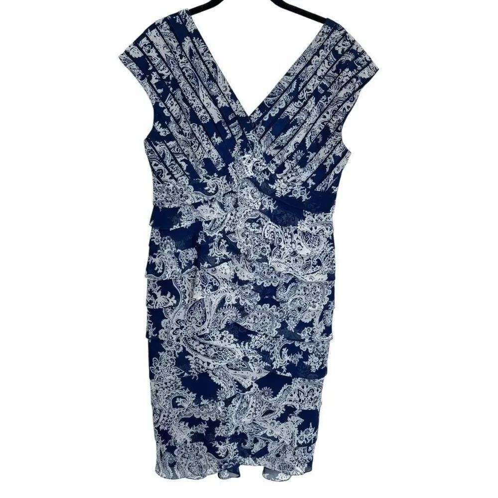 Adrianna Papell Blue & White Shutter Pleat Short Sleeve Sheath Dress size 12